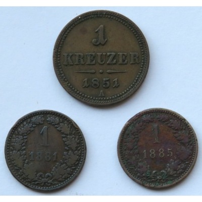 Austria, 1 krajcar 1851 A + 2 x 1 krajcar Austro-węgry, 1881 i 1885 r.