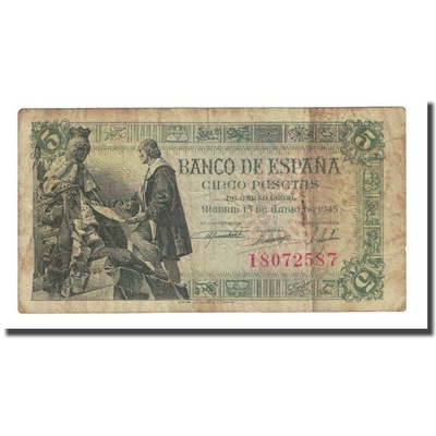 Banknot, Hiszpania, 5 Pesetas, 1945-06-15, KM:129a
