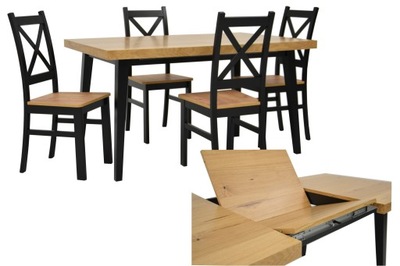 Stół z dębowym blatem 80x140/200 i 4 krzesła