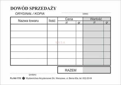 DOWÓD SPRZEDAŻY PARAGON A-7 SAMOKOPIUJACY 80 KART.