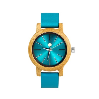 Drewniany zegarek damski, bambus, turkusowy błękit