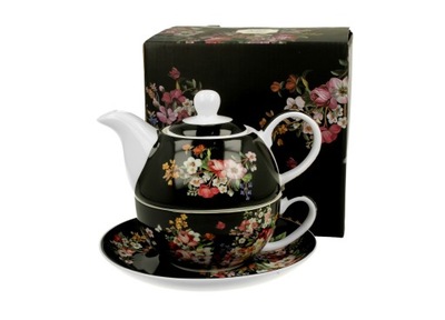 Tea for One porcelanowy VINTAGE FLOWERS BLACK