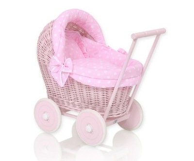 Wiklinowy wózek dla lalek pchacz różowy z różową pościelką i miękką wyściół