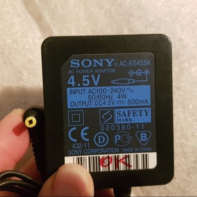 Oryginał zasilacz ładowarka SONY AC-ES455K 4.5V 500mA do discmana walkmana