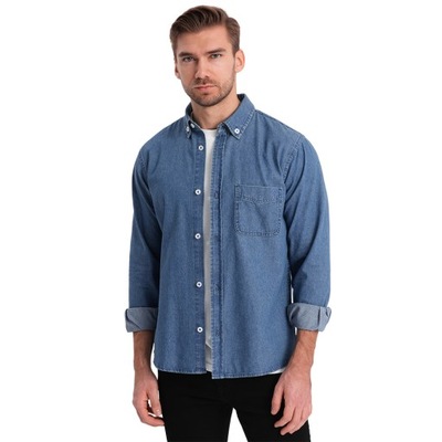 Klasyczna koszula męska jeansowa SLIM niebieska OM-SHDS-0116 M