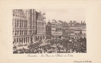 1385.Belgia Bruksela,Wielki Plac,Widok na Ratusz,Przedwojenna Pocztówka