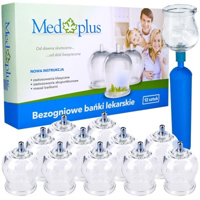 Bańki lekarskie szklane bezogniowe 12 szt z pompką wyrób medyczny Med Plus