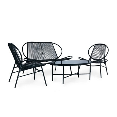 Súprava záhradného nábytku z ratanu kovové stoličky lavica a stolík čierna