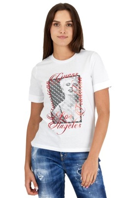 GUESS Biały T-shirt damski z nadrukiem modelki XS