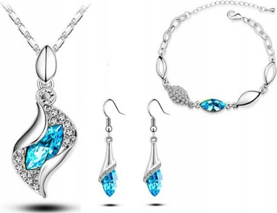 Srebrny komplet biżuterii srebrzone łezki błękitne cyrkonie na prezent