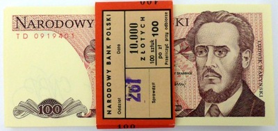 Banknoty 100 zł 1988 seria TD stan 1 UNC z paczki bankowej