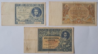 Zestaw Starych Banknotów Polskich II RP 5 10 20 zł 1929 - 1931