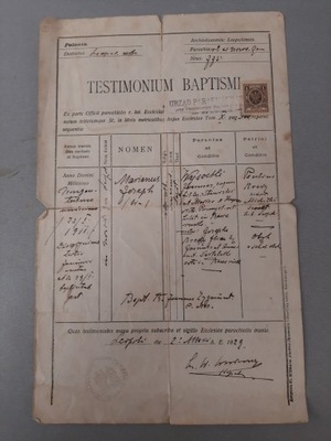 stare dokumenty TESTIMONIUM BAPTISMI 1923r