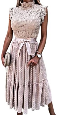 MD sukienka tiul koronka puder róż maxi | M/38
