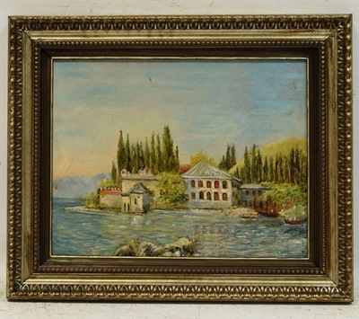 Stary obraz Pejzaż morski z domem olej 50x41 cm