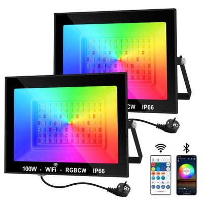 NATPOW LED Reflektor Zewnętrzny 100W RGB Pilot Bluetooth IP66 2 Sztuki