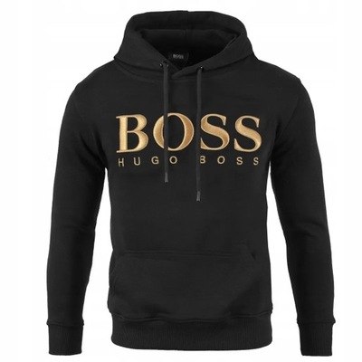 HUGO BOSS BLUZA Z KAPTUREM ZŁOTE HAFTOWANE LOGO CZARNA - XXL