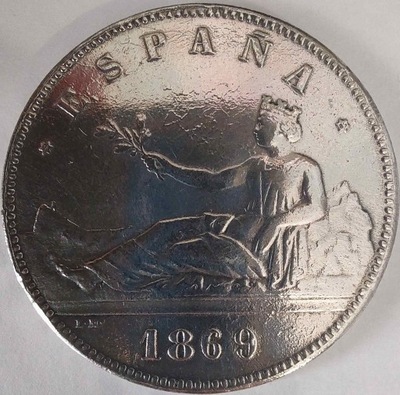 1976 - Hiszpania 5 peset, 1869 - replika