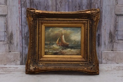 Statek Żaglowiec Morze - Rybacy - Obraz Olejny Marynarz - Złota Rama
