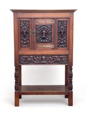 Stary stylowy kabinet neorenesans, dębowy, rzeźbiony barek szafka