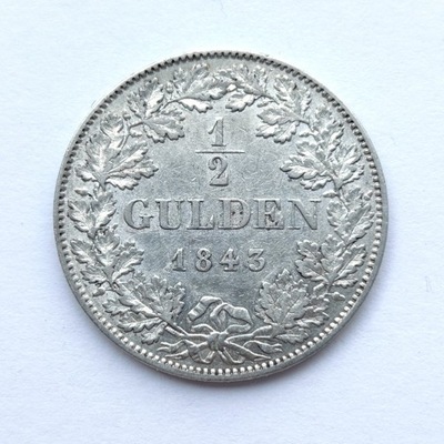 Niemcy. Bawaria. Królestwo Bawarii . 1/2 guldena, 1843. Ag.
