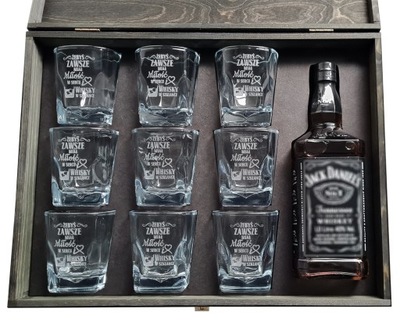 Jack Daniel's - ZESTAW DO WHISKY - 9 SZKLANEK W DREWNIANEJ CZARNEJ SKRZYNCE