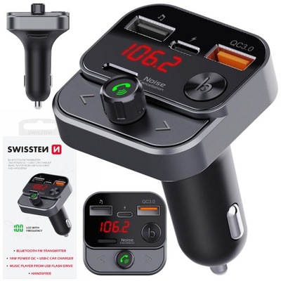 SWISSTEN TRANSMISOR FM RADIO BLUETOOTH USB-A AL PENDRIVE DISPOSITIVO DE CARGA USB-C  