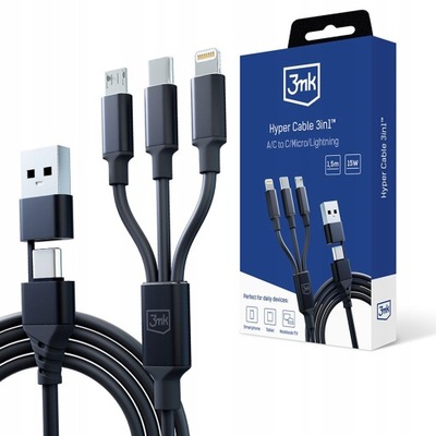 Kabel 3mk USB - USB typ C / microUSB / Lightning 1,5 m czarny