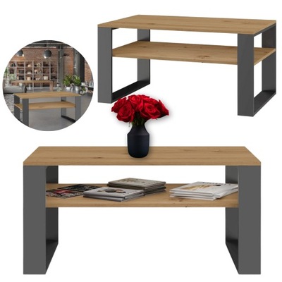 STOLIK KAWOWY, ŁAWA, STÓŁ, LOFT, DĄB ARTISAN, ANTRACYT, Z PÓŁKĄ, DO SALONU