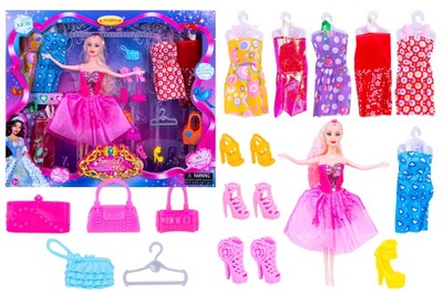 LALKA typu Barbie ZESTAW 6 SUKIENEK BUTY AKCESORIA