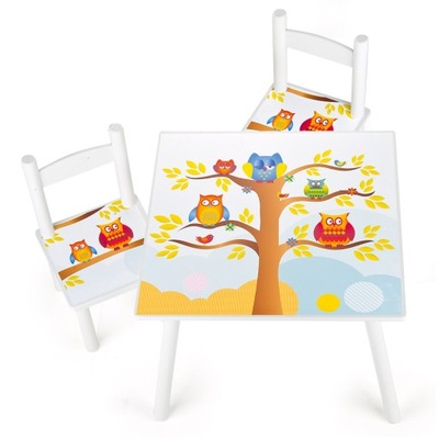 Stolik dla dzieci 60x60x42 cm w zestawie z dwoma krzesełkami - Sowy