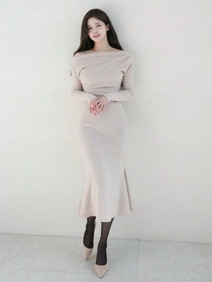 SHEIN BEŻOWY KOMPLET BLUZKA Z ODKRYTYMI RAMIONAMI SPÓDNICA MIDI L 89597
