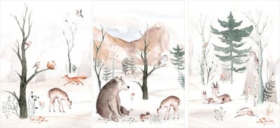 Zestaw 3 plakatów A3 canvas niedźwiadek. las, lis