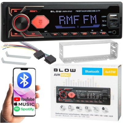 RADIO SAMOCHODOWE BLUETOOTH 1-DIN RDS USB-C AUX RCA SD MP3 LCD MIKROFON