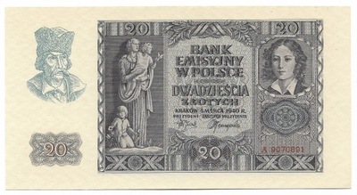 20 Złotych 1 Marca 1940r Seria A 9070891 Stan UNC