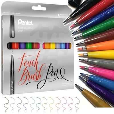 Pisaki pędzelkowe do kaligrafii ZESTAW Pentel Brush Pen 12 kolorów