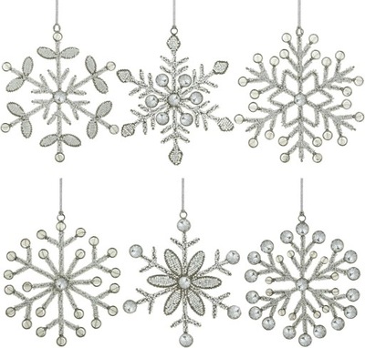 Śnieżynki dekoracja świąteczna metalowa z koralikami zawieszki 6szt 15cm