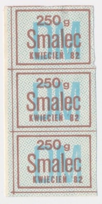 7570 PRL Kartka żywnościowa | 1982 Kwiecień | 3x Smalec 250g