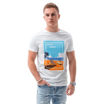 T-shirt męski z nadrukiem S1434 V-3A biały XL