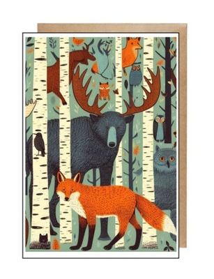 Kartka pocztówka koperta na różne okazje las puszcza łoś lis zwierzęta