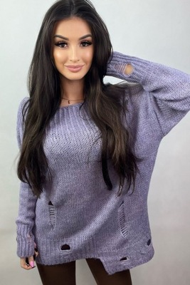 Luźny sweter z dziurami Laura Minouu liliowy