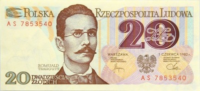 PRL BANKNOT 20 Złotych 1982 - TRAUGUTT - Stan UNC