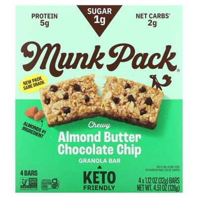 Munk Pack, Chewy Granola Bar, Almond Butter Chocolate Chip, 4 Bars, 1.12 oz