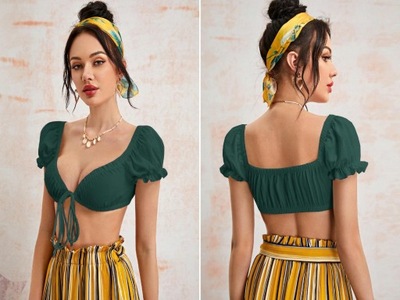 M020C04 CROP TOP ZIELONY WIĄZANY FALBANKA SHEIN S