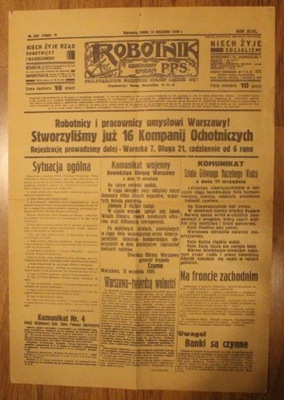 ROBOTNIK - CENTRALNY ORGAN P.P.S. Warszawa, ŚRODA 13 WRZEŚNIA 1939 r.