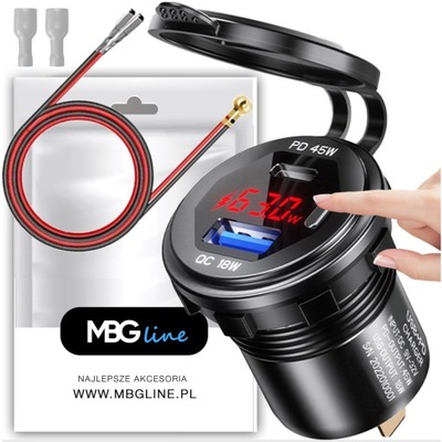 TRAGALUZ DISPOSITIVO DE CARGA MOTOCICLETA DE AUTOMÓVIL 63W 2 PIEZAS USB TYP-C PD 45W VOLTÍMETRO  