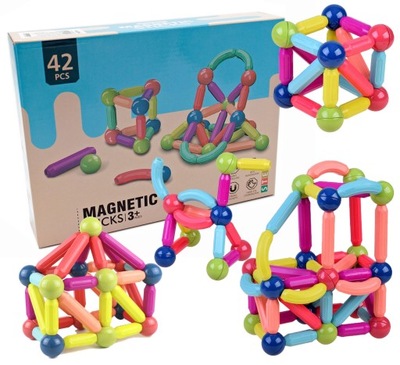 KLOCKI MAGNETYCZNE EDUKACYJNE MAGNETIC STICKS UKŁADANKA PUZZLE 3D 42 EL.