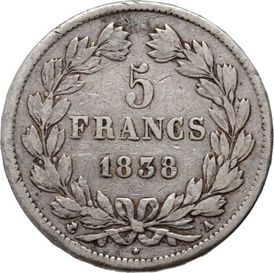 Francja, Ludwik Filip I, 5 franków 1838 A, st. 3