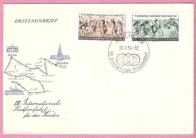 DDR 1954 FDC, sport kolarstwo, Wyścig Pokoju, rower, polonica