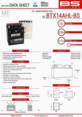 BS АККУМУЛЯТОР BTX14AHL-BS (YTX14AHL-BS) (133X90X164) 12V 12AH BEZOBSŁUGOWY